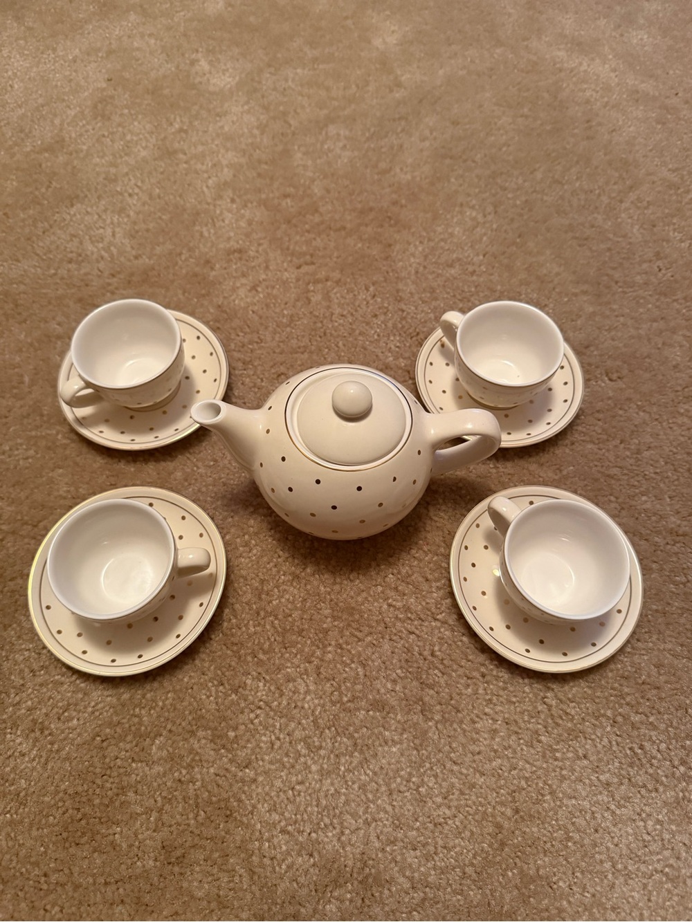 Cream Polka Dot Ceramic Teapot and Cup Set - 5-Piece